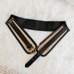 WHBM White House Black Market Woven Waist Belt Sz XL Black & Gold Stretch Corset